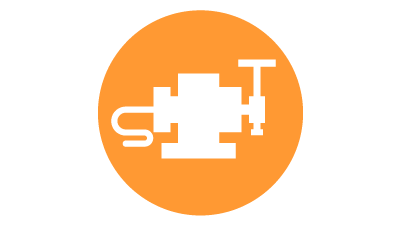 Icône blanche à l’intérieur d’un cercle orange représentant un système de réglage d’outils pour palpage automatisé en cours de procédé