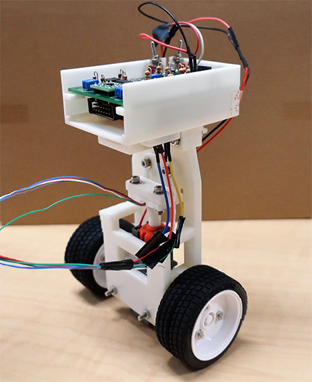 The two-wheeled, self-balancing robotic vehicle designed by the engineering students at Tokyo Denki University